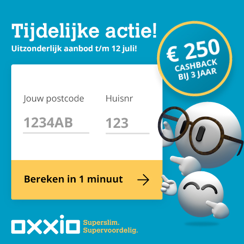 Ontvang bij Oxxio €250.- cash retour! Een super Cashback bij 1 of 3 jarig contract. Met Oxxio energie altijd de laagste prijs en gratis en eenvoudig overstappen.
