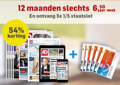 Met AD Dagblad grote prijzen winnen! Nu 54% korting €6.50 i.p.v. €16.- p/w. Ontvang 5x 1/5 staatsloten cadeau. De krant 6 dagen per week in de bus.