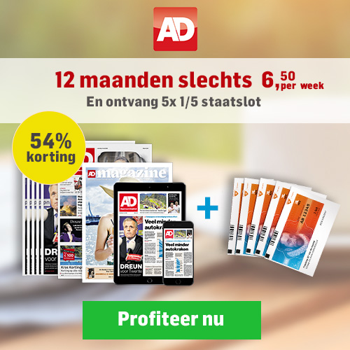 Met AD Dagblad grote prijzen winnen! Nu 54% korting €6.50 i.p.v. €16.- p/w. Ontvang 5x 1/5 staatsloten cadeau. De krant 6 dagen per week in de bus.
