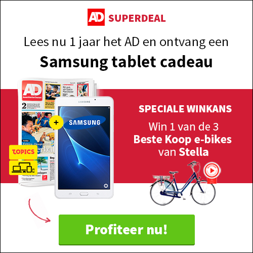 AD actie met gratis tablet t.w.v. €129.-! Nu 1 jaar met 34% korting en kans op een e-bike van Stella.