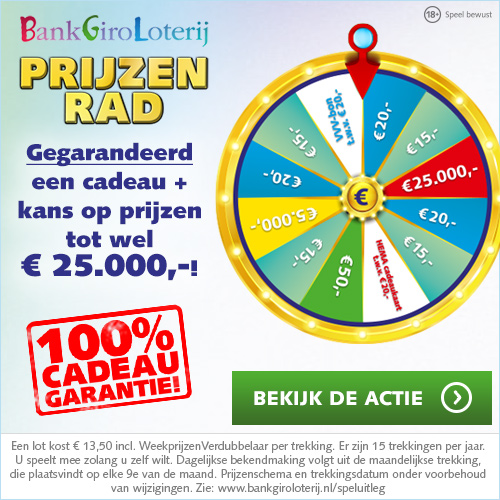 Gegarandeerd geld op je bankrekening! Speel met het BankGiroLoterij Prijzenrad. Win altijd tussen €15.- tot €25000.- Een Lot kost €13.50! Doe je ook mee?