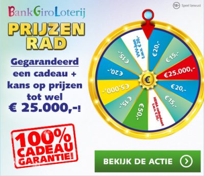 Gegarandeerd geld op je bankrekening! Speel met het BankGiroLoterij Prijzenrad. Win altijd tussen €15.- tot €25000.- Een Lot kost €13.50! Doe je ook mee?