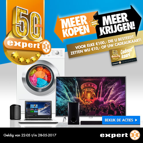 Expert bestaat 50 jaar! Nu Meer kopen = meer krijgen! Voor elke €100.- besteding ontvang je €10.- op je Expert 50 jaar cadeaukaart.