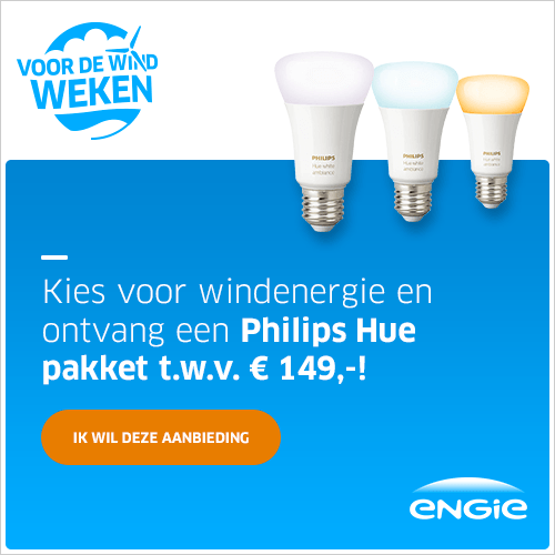 Laat ENGIE een vrijblijvend voorstel doen en ontvang een gratis Philips Hue pakket t.w.v. € 149,-  bij een overstap. Kies voor goedkope duurzame energie! 