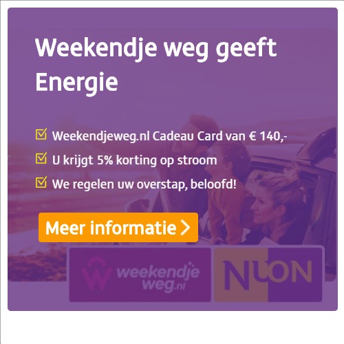 Beste energieleverancier geeft een gratis weekendje weg ter waarde van € 140.-. Stap over naar Nuon en profiteer van het goedkoopste stroom en gas en maak er een leuk weekend van!