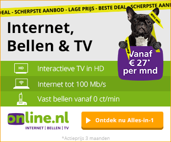Goedkoopste Alles-in-1 bij Online.nl. Normaal betaal je €37.- maar nu €27.- per maand. Dat zijn 3 maanden die extra goedkoop zijn. Plus geen aansluitkosten.