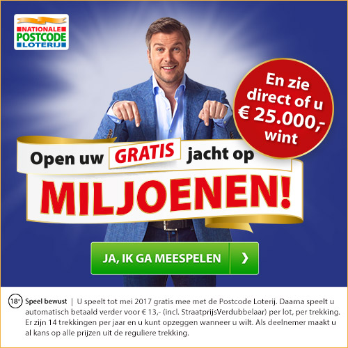 Postcode loterij uitslagen in jouw voordeel! Speel de eerste maand Gratis mee en win gegarandeerd €25.- of €25000.-. Speel live mee met je persoonlijke Bingokaarten.