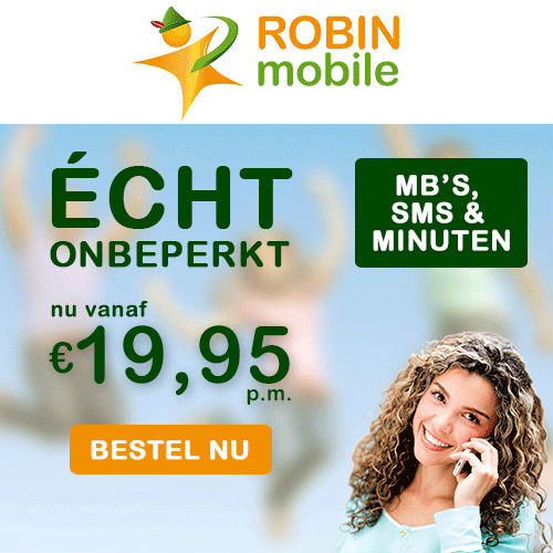 Bij Robin Mobile alles onbeperkt! Je krijgt onbeperkt bellen, sms en data v.a € 19.95 p.m. en met gratis buitenland voordelen.