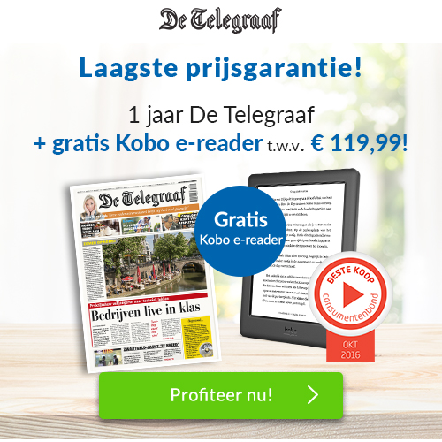 Gratis Kobo e-reader t.w.v. € 119.99 Telegraaf abonnement van maar 1 jaar. Keuze uit week of weekend krant. Deze e-reader is als beste getest!