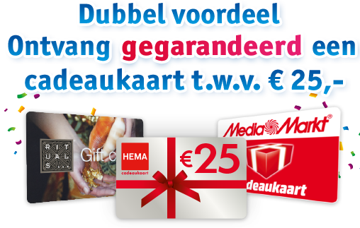 Gratis Cadeaukaart t.w.v. €25.- en kans op €100.000 bij de Vrienden loterij. Zoek een gratis cadeau uit in de webshop met de keuze uit een Rituals, HEMA of MediaMarkt cadeaukaart.