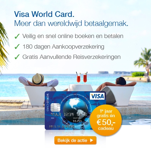 Visa World Card Actie! Ga voor Wereldwijd betaal gemak en ontvang een gratis Bol.com cadeaubon t.w.v. € 50.-.  Nu 1 jaar gratis en € 50.- cadeau.