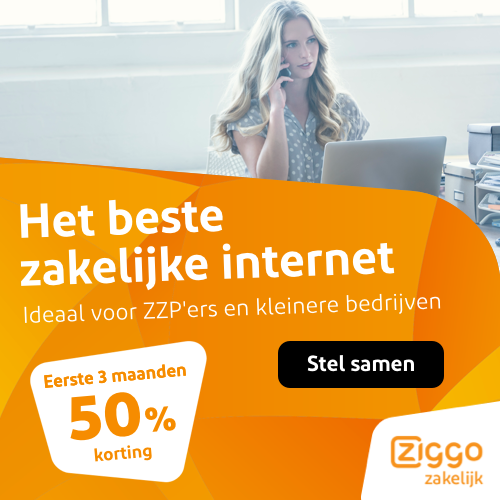 Ziggo zakelijk abonnement voor €37.50 per maand en ontvang de eerste 3 maanden 50% korting. 